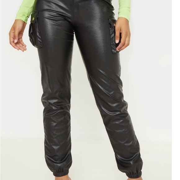 PrettyLittleThing Pants - Tall black faux leather pocket detail joggers